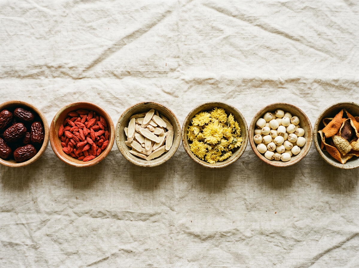 Traditional Chinese herbs including red dates, goji berries, astragalus and chrysanthemum in ceramic bowls on a linen table