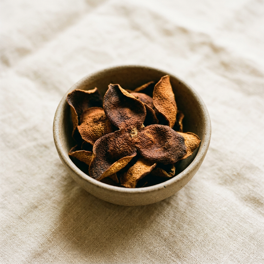 Aged Tangerine Peel (陈皮, Chen Pi) — dried Chinese herb, Citrus reticulata, in a ceramic bowl